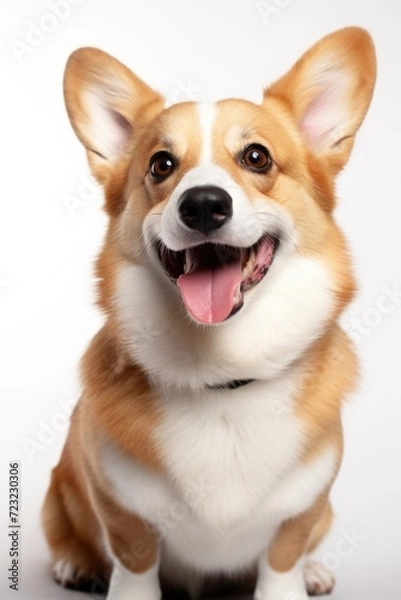 Obraz A brown and white dog sitting on top of a white floor. Suitable for pet-related content and interior design themes