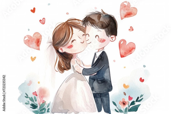 Obraz Wedding couple in love in watercolor style. Watercolor illustration on a white background. Valentine's Day or wedding day. Copy space