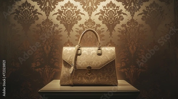 Obraz Luxurious gold-toned handbag on a display, harmonizing with the baroque-style wallpaper backdrop, highlighting affluence and fashion