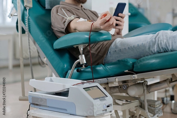 Fototapeta Unrecognizable male blood donation center visitor sitting in armchair during transfusion process