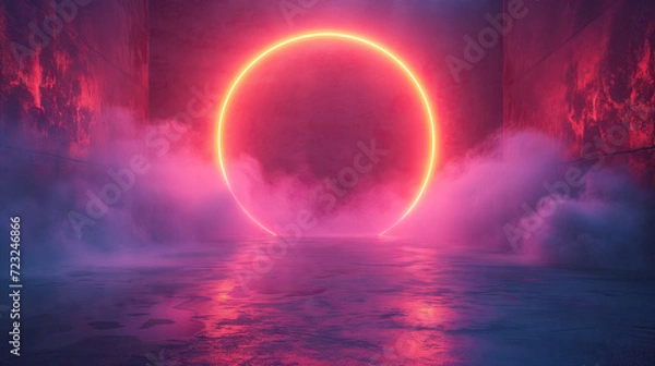 Fototapeta abstract minimalist black geometric background. Bright neon colorful light. Doorway portal glowing in the dark.