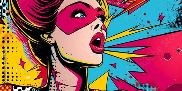 Fototapeta Abstract halftone comics woman background - Modern design shapes in pop colors banner