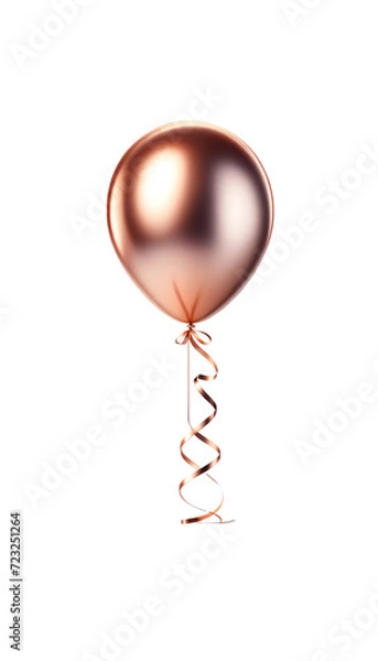 Fototapeta A shiny metallic copper balloon with a smooth reflective surface, floating upright, with an extremely long, straight, thin ribbon