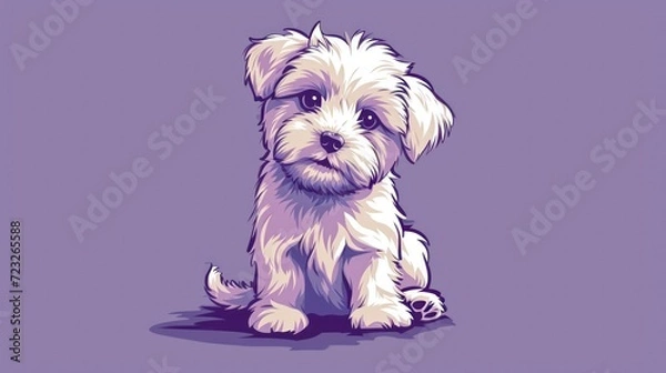 Fototapeta  a small white dog sitting on top of a purple floor next to a white dog with a sad look on it's face and it's face, looking at the camera.