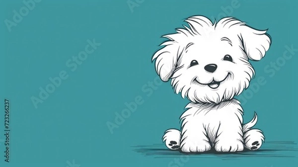 Fototapeta  a small white dog sitting on top of a blue floor next to a blue wall with a small white dog sitting on top of it's legs in the middle of the floor.