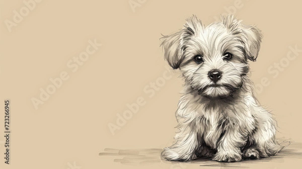 Fototapeta  a drawing of a small white dog sitting on a floor next to a brown wall and a black and white drawing of a small white dog sitting on the floor.