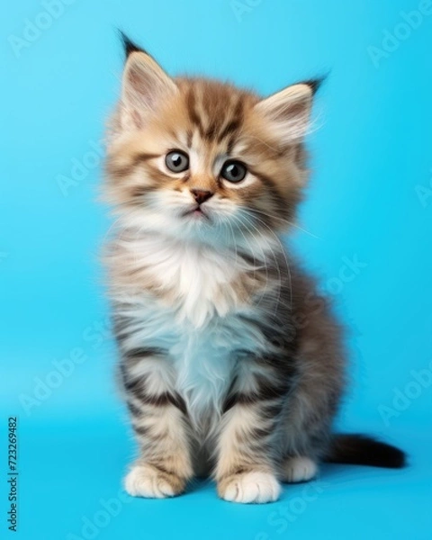 Fototapeta Beautiful Fluffy Kitten. Small Cute Cat with a Funny Expression on a Pretty Blue Background