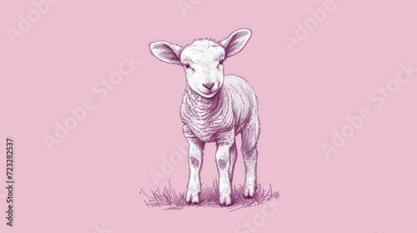 Fototapeta  a drawing of a sheep standing on top of a grass covered field in front of a pink background with a black outline of a lamb on it's head.