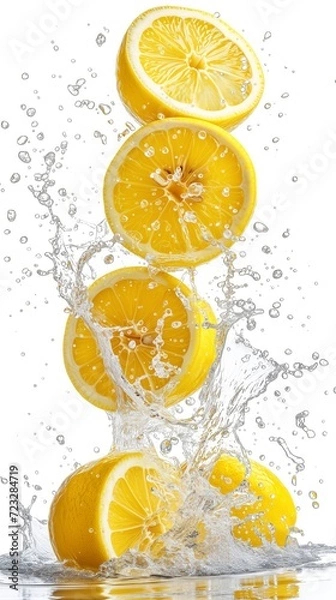Fototapeta Levitating cut lemons with splashes of water on white background