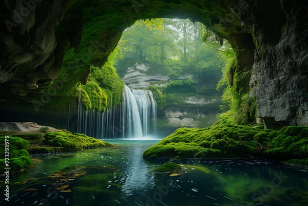 Fototapeta Waterfall in the cave with green moss.