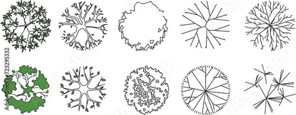 Obraz set of flat designs of architectural trees, top view with green