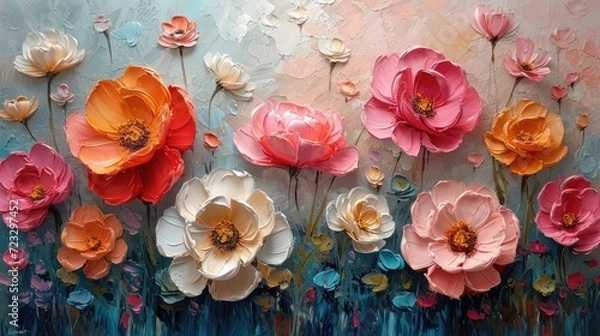 Fototapeta Generative AI, Oil painting of spring flowers on canvas. Beautiful abstract colorful flowers. Macro impasto painting.