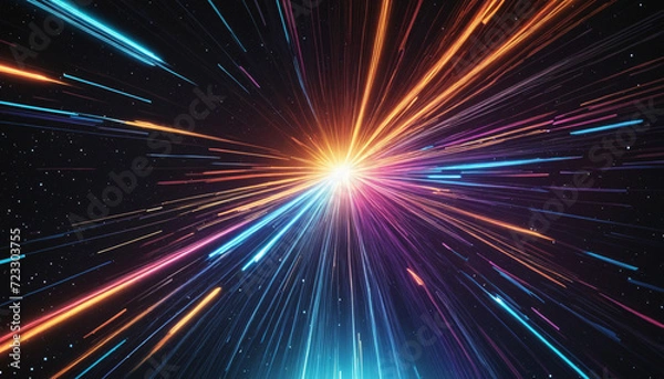 Obraz Vibrant Cosmic Display: Neon Stars and Glowing Lines in Dark Abstract