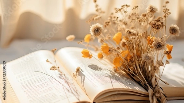 Fototapeta Closeup of dried wildflowers on an open book - perfect for aesthetic backgrounds