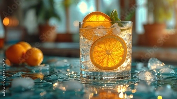 Fototapeta  a close up of an orange slice in a glass of water with ice on a table with other oranges and a potted plant in the background in the background.