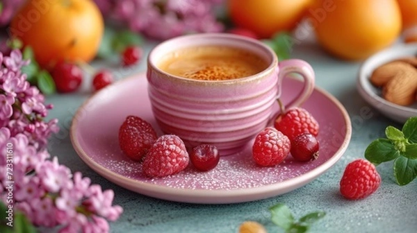 Fototapeta  a close up of a cup of coffee on a saucer with raspberries and almonds on a table next to a bowl of oranges and flowers.
