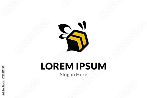 Obraz Honey bee logo with hexagonal shape in flat vector design style