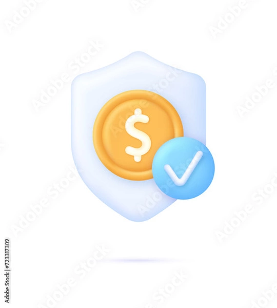 Obraz 3D Shield with dollar icon and check mark. Safe payment of money, money guarantee, financial savings and money exchange