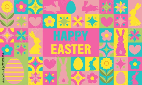Fototapeta Happy Easter mosaic banner. Horizontal poster, greeting card, header for website. Modern neo geometric abstract background. Vector illustration