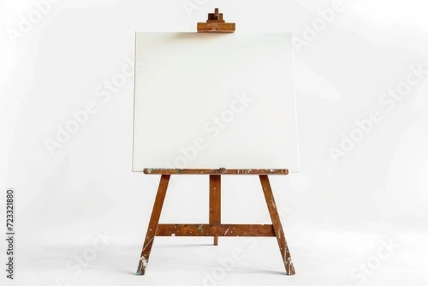 Fototapeta Empty canvas on wooden easel isolated on white minimal drop shadow Customize with your own design