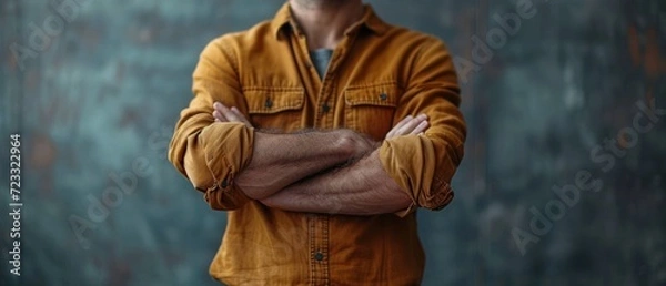 Fototapeta  a man with his arms crossed standing in front of a wall with his hands folded in front of his chest, with his hands folded in front of his chest.
