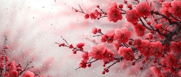 Fototapeta  a close up of a tree with red flowers on it's branches with snow falling on the branches and the sky in the back ground behind it is a blurry background.