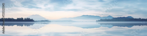 Fototapeta Wide panoramic header; calming rhythm of nature. A quiet blue atmosphere with a calm lake, the reflection of mountains on the water. peaceful landscape banner for contemplation and meditation website