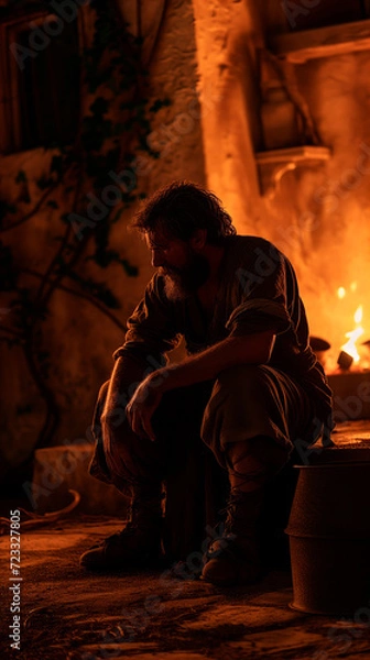 Fototapeta Bible, Easter, Peter is alone in a courtyard, illuminated by firelight, as he experiences repentance after disowns Jesus three times.