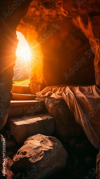 Obraz Bible, Easter, Resurrection, The empty tomb of Jesus, where the shrouds lie abandoned. The sun rises.