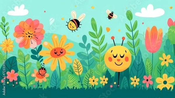 Fototapeta Kawaii style, cute and adorable doodle of a garden with smiling flowers