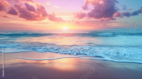 Fototapeta beach scene at sunrise, symbolizing peace and recovery, with gentle waves, soft sand, and a vibrant, colorful sky reflecting on the water