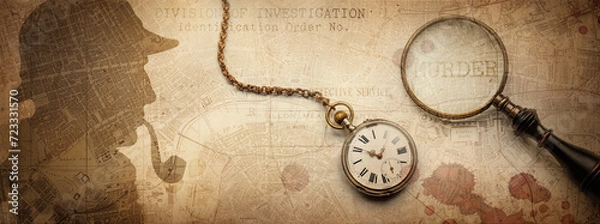Obraz Sherlock Holmes Profile, magnifier, blood drops, clock, map and police form. Old background on the theme of crime, police, detective, investigation. Old style.
