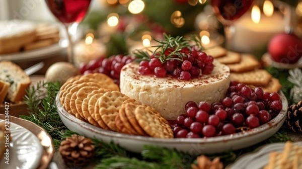 Fototapeta  a platter of cheese, crackers, cranberries, and crackers on a table with christmas decorations and candles in the background and a christmas tree.