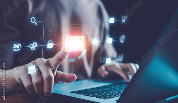 Fototapeta DMS document Management System, Businessman pointing folder icon to use technology software for management document, professional, digital, Smart office paperless, Electronic document, Cloud service.