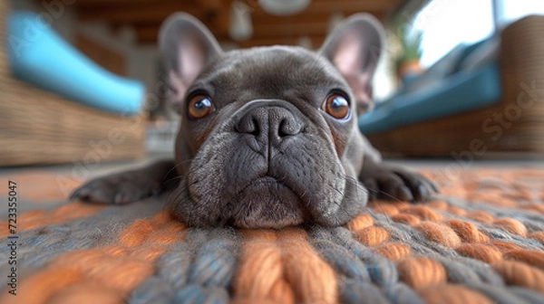 Fototapeta Gemütliche Entspannungsmomente mit einer französischen Bulldogge auf dem Teppich