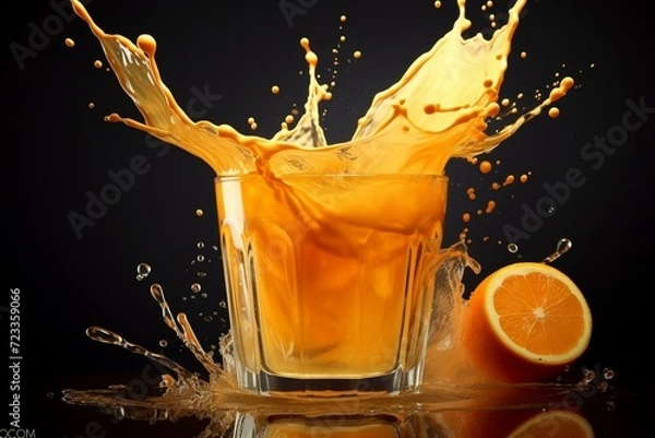 Fototapeta A glass of orange juice spills on a plain surface. Generative AI