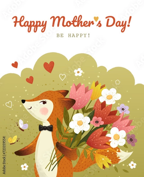 Fototapeta Happy Mothers Day Card smiling fox and flowers, hearts
