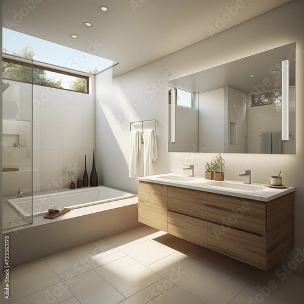 Fototapeta A modern, minimalist bathroom in a 5,000 square-foot space, emphasizing a spacious layout with simple lines, a neutral color palette, and a focus on functionality, including sleek fixtures and a minim