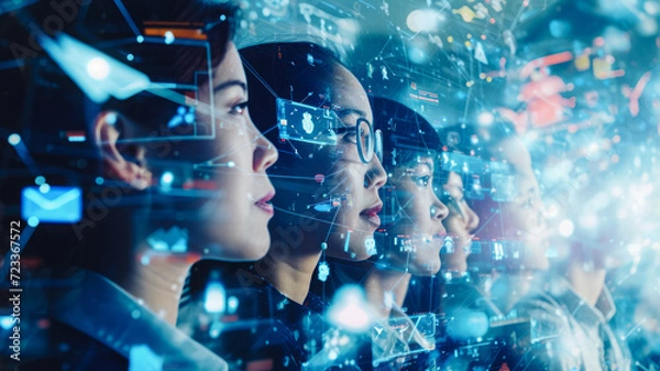 Fototapeta 
A group of young individuals united by the concept of digital technology, representing the power of digital transformation.