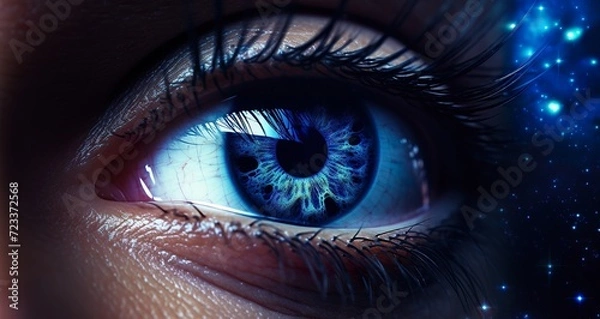Obraz closeup shot of woman eye iris and creative makeup, macro of creative cosmetics makeup, beauty and fashion image