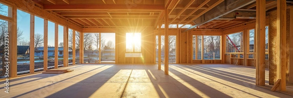 Fototapeta Sunlit empty new home construction interior, panoramic wooden frame structure.