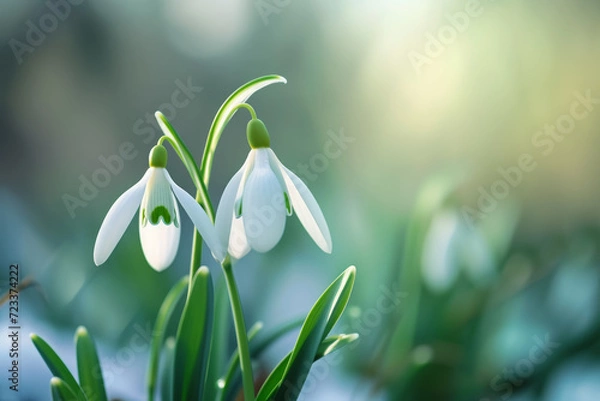Fototapeta First spring flowers, wild snowdrops in the forest. Backdrop with selective focus and copy space