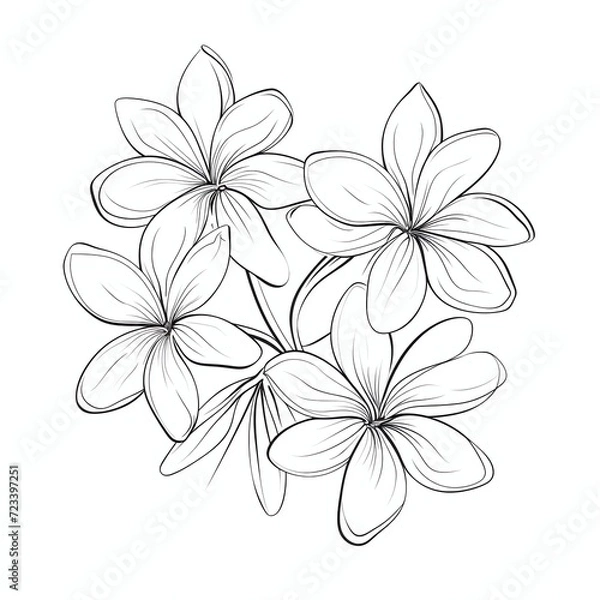 Fototapeta Plumeria flowers in continuous line art drawing style. Minimalist black line sketch on white background