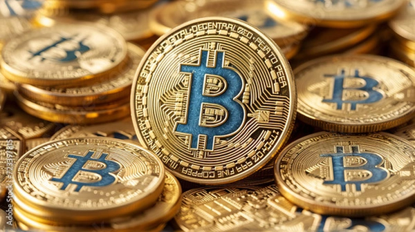 Fototapeta bitcoin crypto stacked on a table