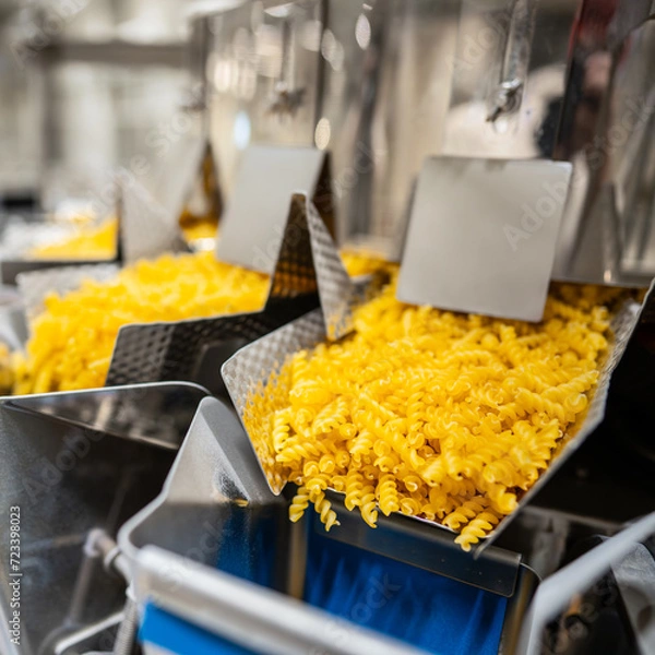 Obraz dispensing farfalle pasta at the factory - industry 5.0 in the food industry