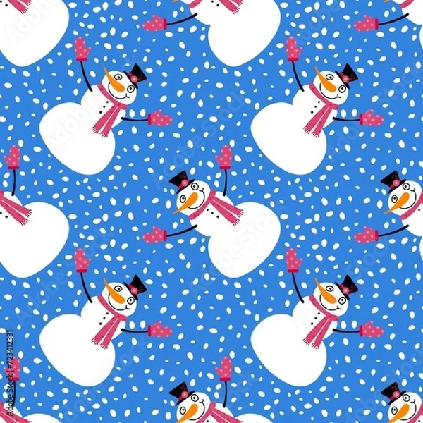 Fototapeta Christmas cartoon ice seamless snowman pattern for wrapping paper and fabrics and linens and kids accessories