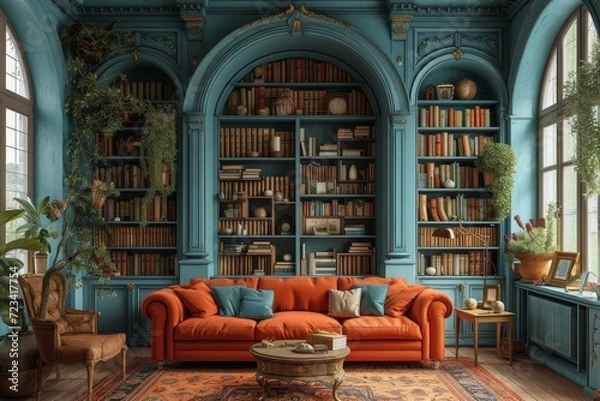 Fototapeta A cozy and sophisticated living room adorned with a large bookcase, stylish couches, and a window view, creating the perfect spot for relaxation and intellectual indulgence