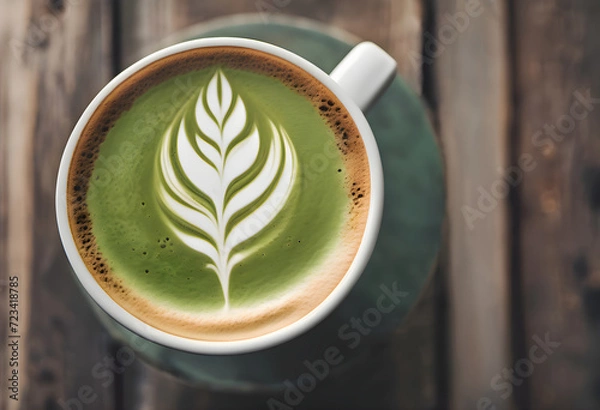 Obraz Matcha latte with beautiful latte art on an old wooden table, top view.