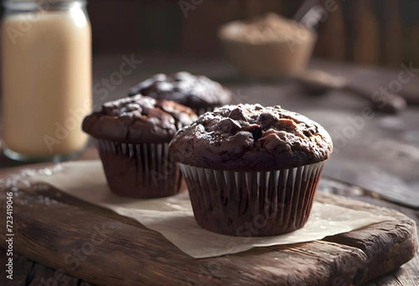 Obraz Chocolate muffins on an old wooden table in a rustic kitchen