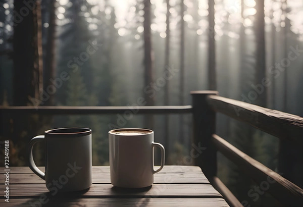 Obraz Two cups of coffee on an old wooden table in the forest